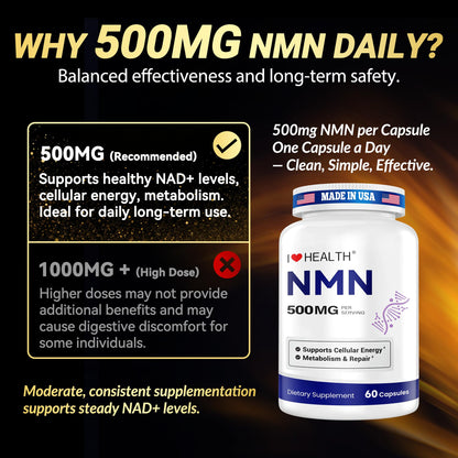 NMN 500MG Per Capsule – High Purity 99.9% NMN, NAD+ Support for Cellular Energy & Healthy Aging, 60 Capsules, Third-Party Tested, cGMP Made in USA I LOVE HEALTHBuy Supplements Australia