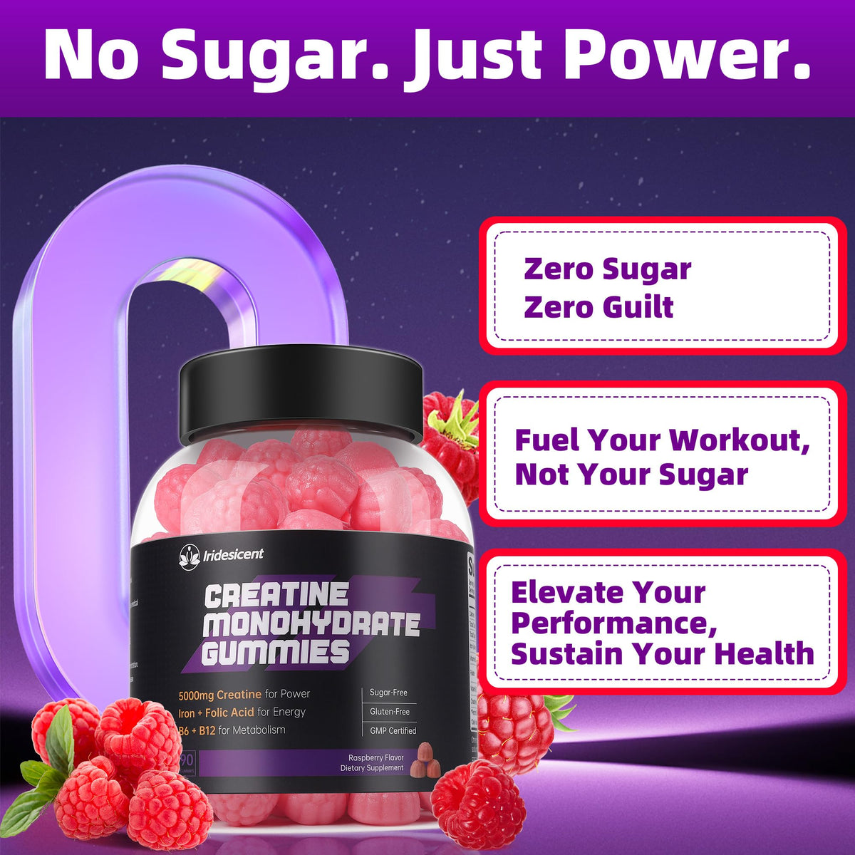 IRIDESICENT Creatine Monohydrate Gummies 5000mg w/Iron, Vitamin B6 & B12, Sugar Free 5g Creatine Supplements for Women and Men Boost Energy & Muscle Recovery - 90 Raspberry Gummies IRIDESICENTBuy Supplements Australia