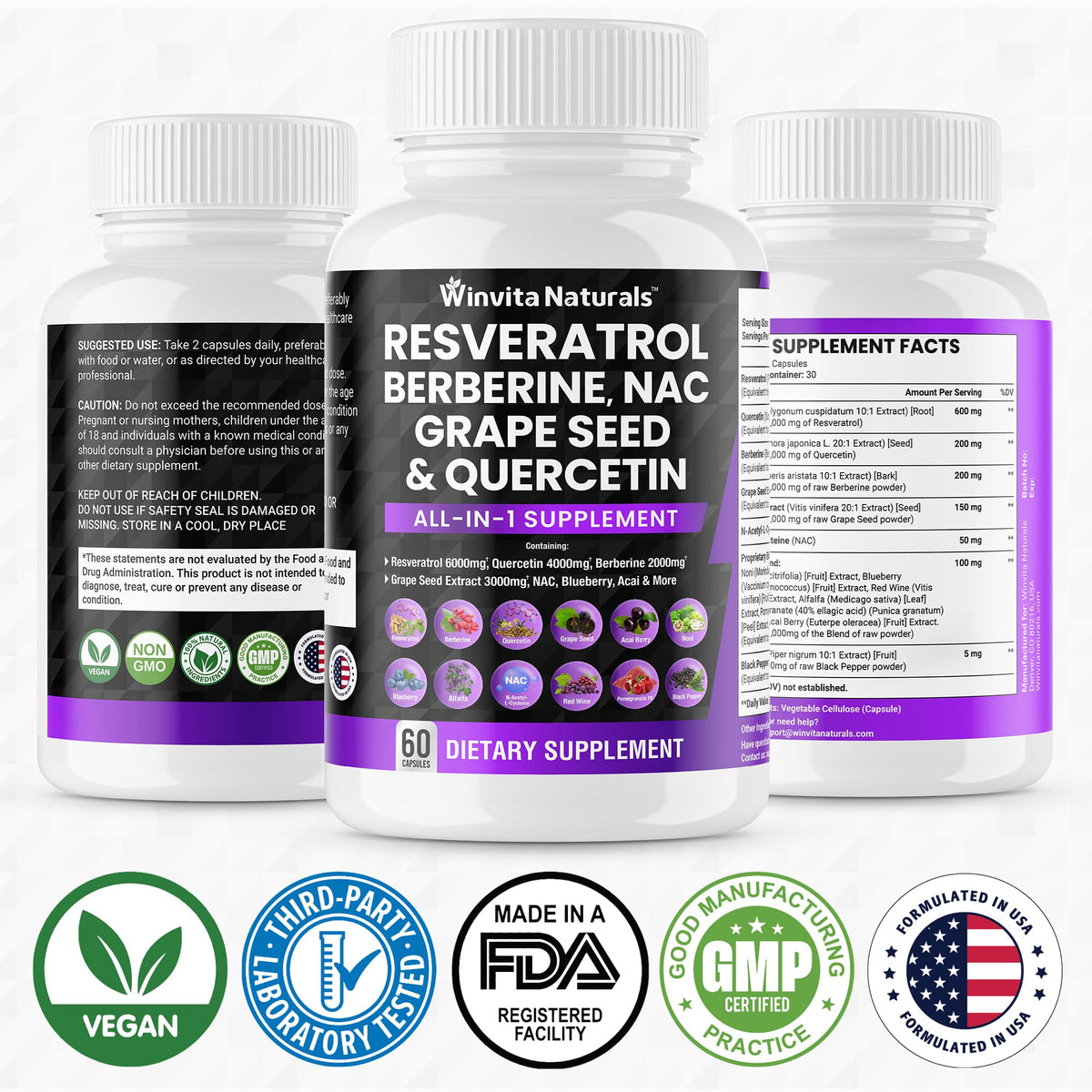 Resveratrol 6000mg Quercetin 4000mg Berberine 2000mg Grape Seed Extract 3000mg Winvita NaturalsBuy Supplements Australia