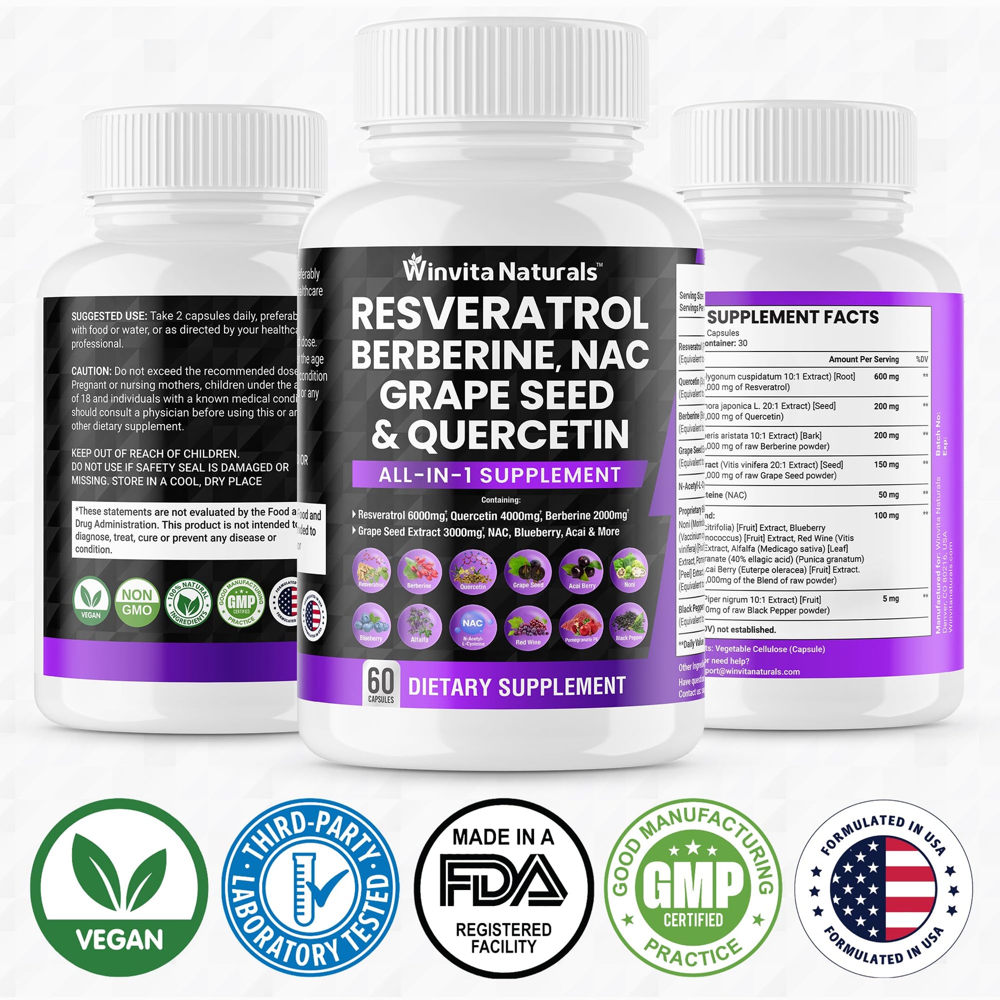 Resveratrol 6000mg Quercetin 4000mg Berberine 2000mg Grape Seed Extract 3000mg Winvita NaturalsBuy Supplements Australia