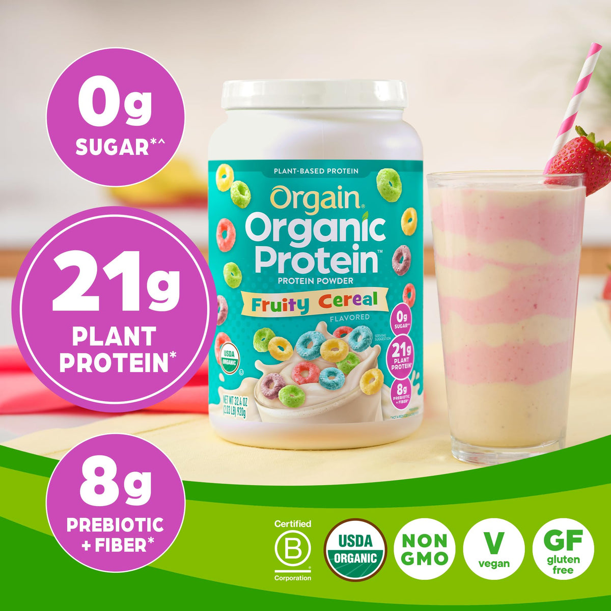 Orgain Organic Vegan Protein Powder, Fruity Cereal - 21g Plant Based Protein, Gluten Free OrgainBuy Supplements Australia