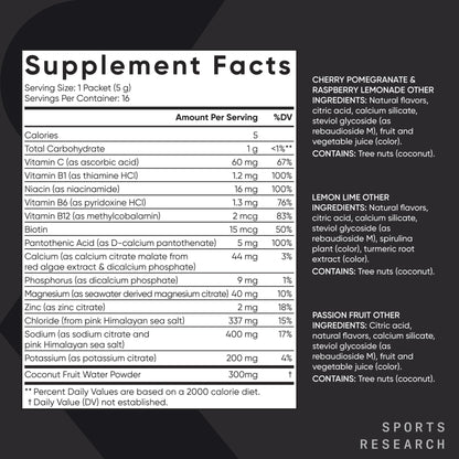 Sports Research® Hydrate Electrolytes Powder Packets - Sugar-Free & Naturally Flavored with Vitamins, Minerals, and Coconut Water - Supports Hydration - 16 Packets - Variety Pack
