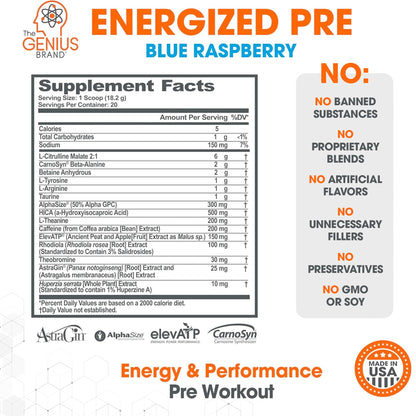 Genius Energized Pre Workout Powder – Caffeine Infused Pre-Workout Booster Supplement with Beta Alanine & Alpha GPC, No Artificial Sweeteners or Dyes - 200mg Caffeine, 20 Servings, Blue Raspberry The Genius BrandBuy Supplements Australia