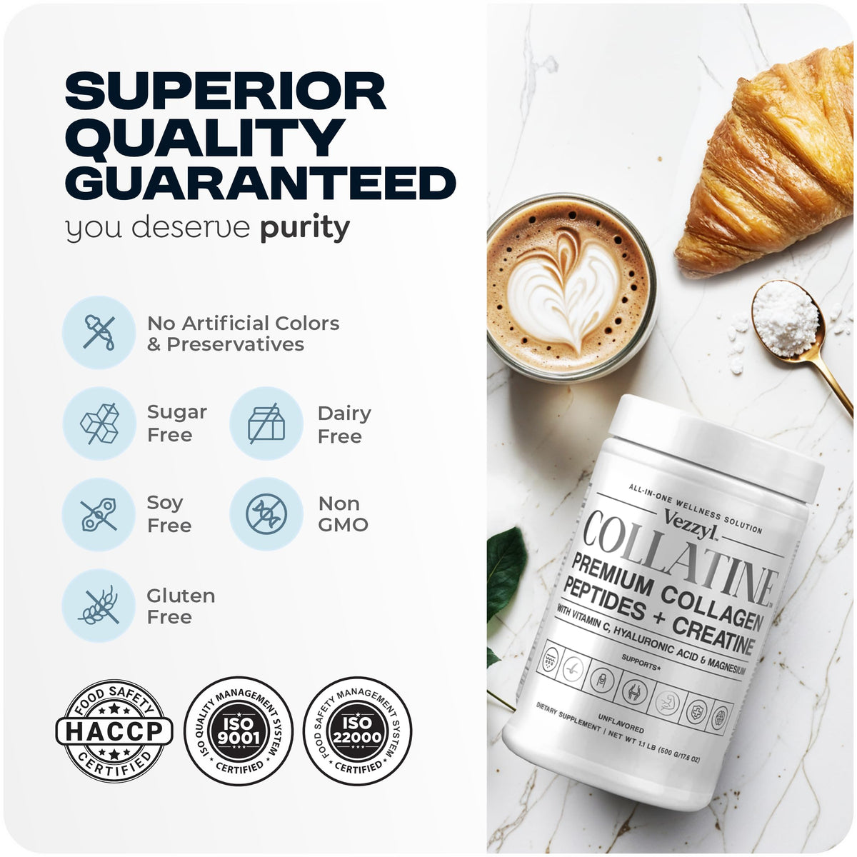 Vezzyl - Collatine - Premium Collagen Peptides + Creatine with Vitamin C, Hyaluronic Acid and Magnesium for Skin, Hair, Nails, Bone & Joint, Muscle, Immune and Cognitive Aid (.55 LB (250 G/8.8 OZ) VezzylBuy Supplements Australia