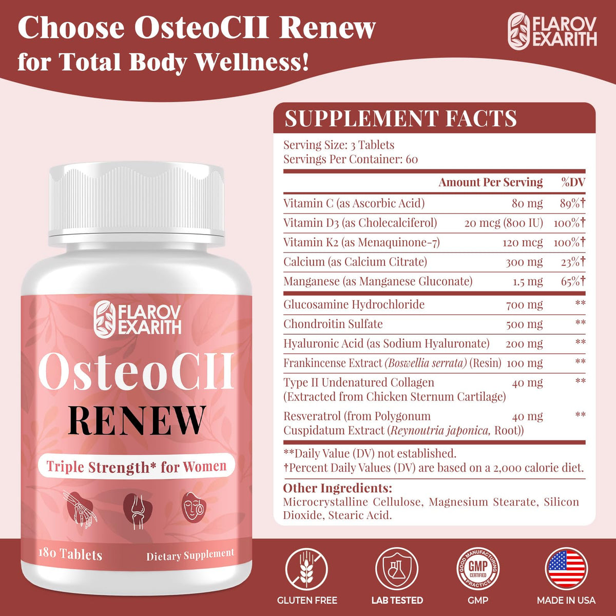 Joint Supplements for Women OsteoCII Renew Triple Strength – Advanced Joint, Bone & Skin Formula – Collagen, Glucosamine, Chondroitin, Calcium, MK-7, Vitamin D3, Hyaluronic Acid, 180 Tablets FlarovexarithBuy Supplements Australia