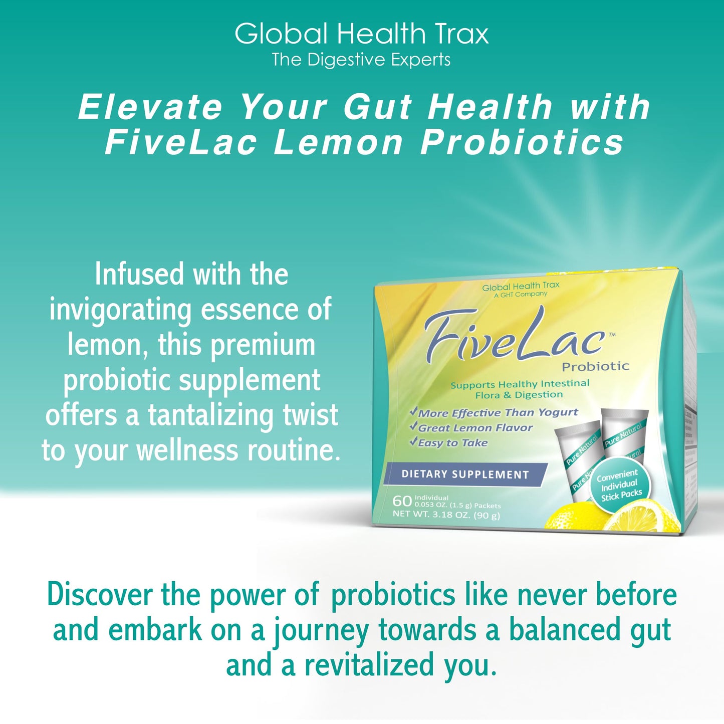 GHT - FiveLac Lemon Probiotic Powder Drink Mix, Probiotics for Women, Men, and Kids - Smooth Digestive Support and Elimination - Relieves Occasional Constipation and Gas - 60 Packets (3 Pack) Non-GMO ght Global Health TraxBuy Supplements Australia