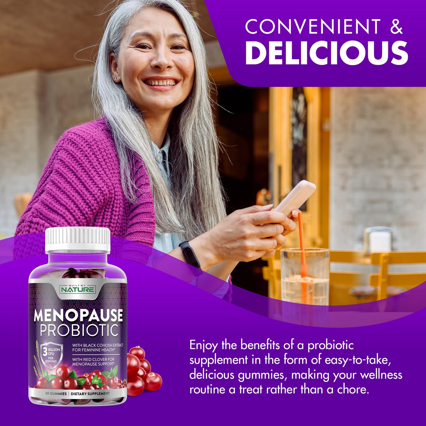 Menopause Supplements for Women - Menopause Probiotic Gummy - Women’s Menopause Relief for Hot Flashes, Night Sweats & Mood Swings with Black Cohosh & Cranberry - Non-GMO, Vegan - 60 Gummies Built by NatureBuy Supplements Australia