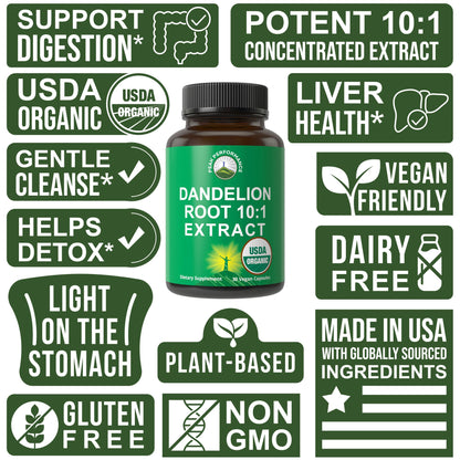 USDA Organic Dandelion Root Extract Supplement - 10x More Potent Than Raw Root. Standardized and Concentrated Vegan Dandelion Root Capsules for Women and Men. Supports Detox, Immune, Liver, Gut Health Peak PerformanceBuy Supplements Australia