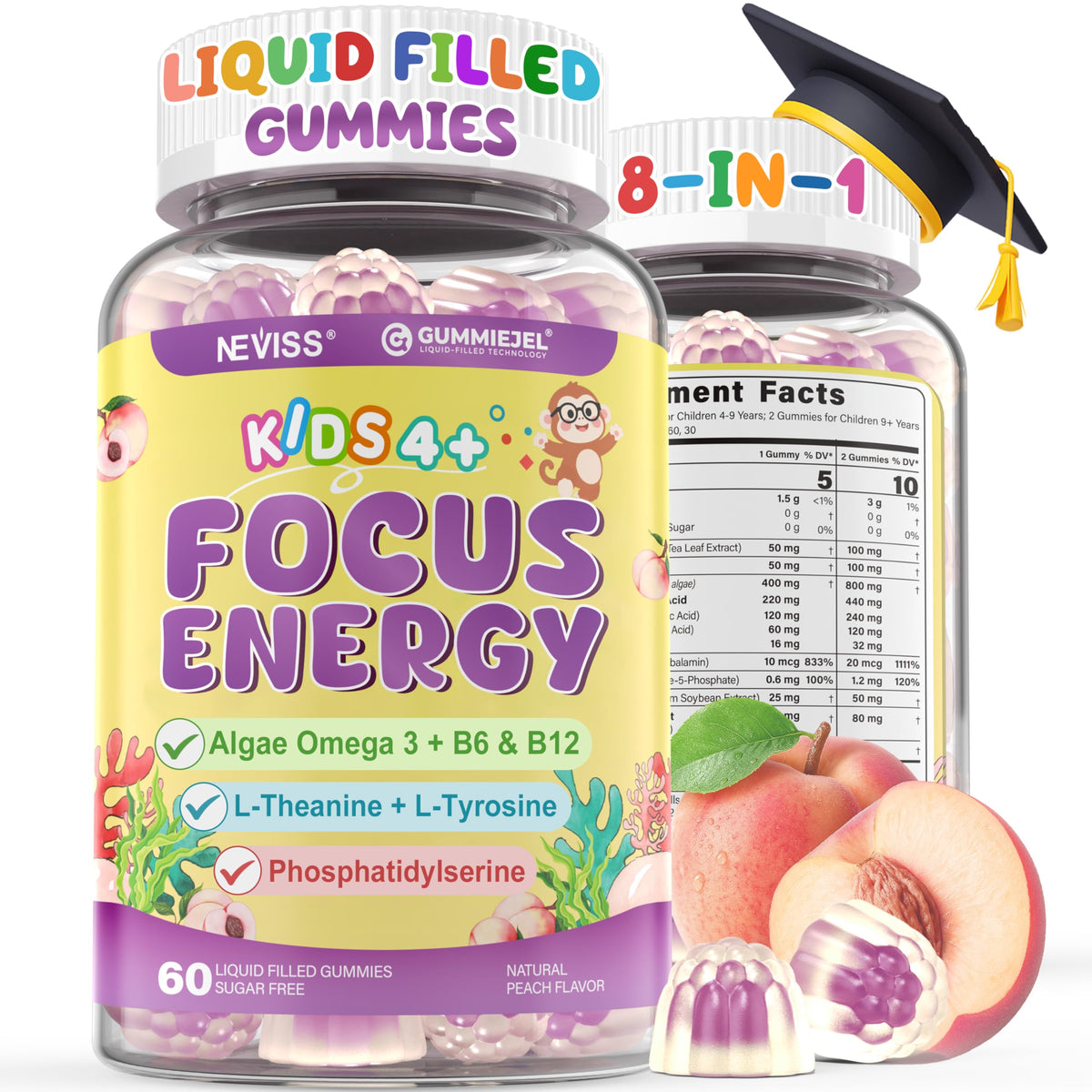 Kids Focus Gummies - Brain Supplements with Vegan Omega 3 DHA, Phosphatidylserine, L-Theanine, L-Tyrosine, Methylated B6 & B12 for Kids & Teen Support Attention, Memory, Nootropic, Sugar Free 60cts NEVISSBuy Supplements Australia