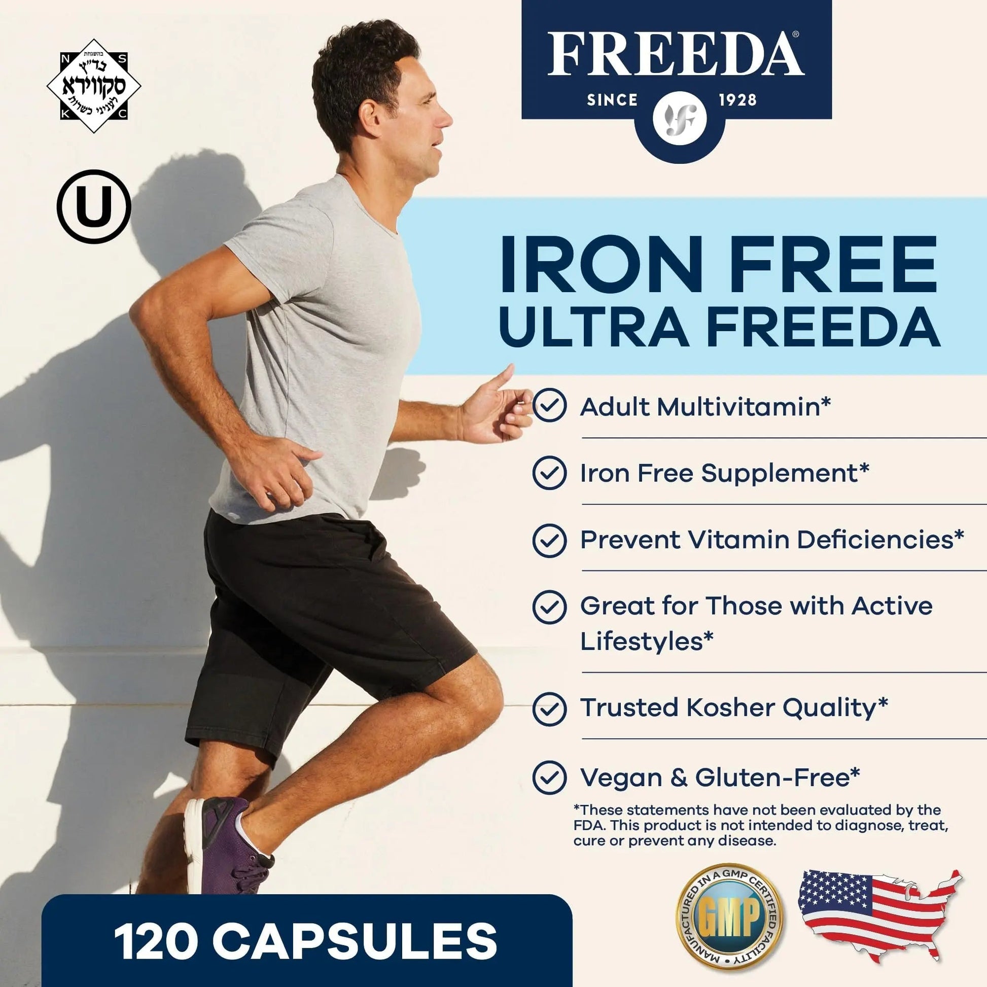FREEDA Ultra Multivitamin Capsules – High-Potency Daily Supplement for Men & Women – Iron-Free – 120 Count – Kosher Certified FREEDA