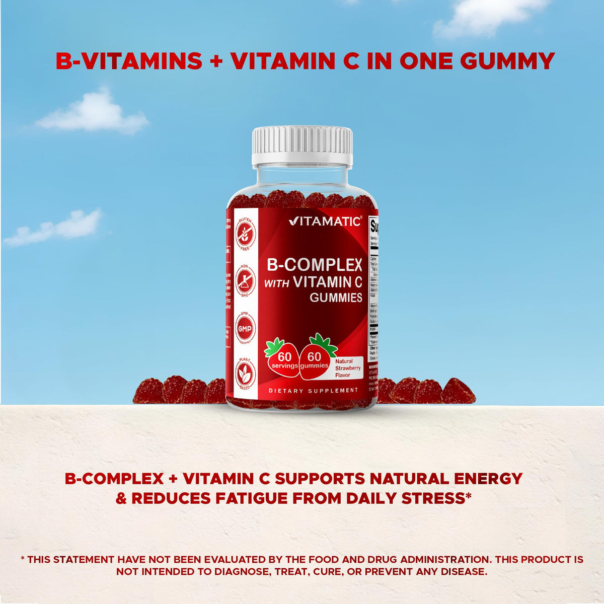 Vitamatic Vitamin B Complex Gummies with Vitamin C & Inositol - Natural Strawberry Flavor - 60 Gummies (1 Bottle)