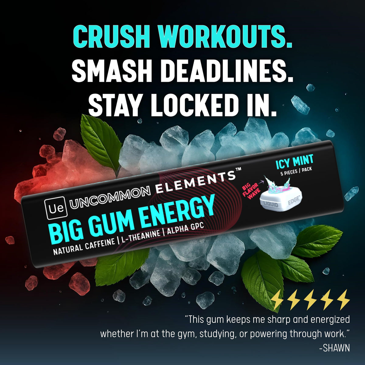 BIG GUM ENERGY & FOCUS – 80mg Caffeine + 40mg L-Theanine + 80mg Alpha GPC – Nootropic Chewing Gum for Focus, Energy & Execution – Icy Mint – 25 Pieces (5 Packs) Gym & Work Execution. UNCOMMON ELEMENTSBuy Supplements Australia