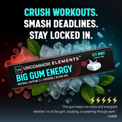BIG GUM ENERGY & FOCUS – 80mg Caffeine + 40mg L-Theanine + 80mg Alpha GPC – Nootropic Chewing Gum for Focus, Energy & Execution – Icy Mint – 25 Pieces (5 Packs) Gym & Work Execution. UNCOMMON ELEMENTSBuy Supplements Australia