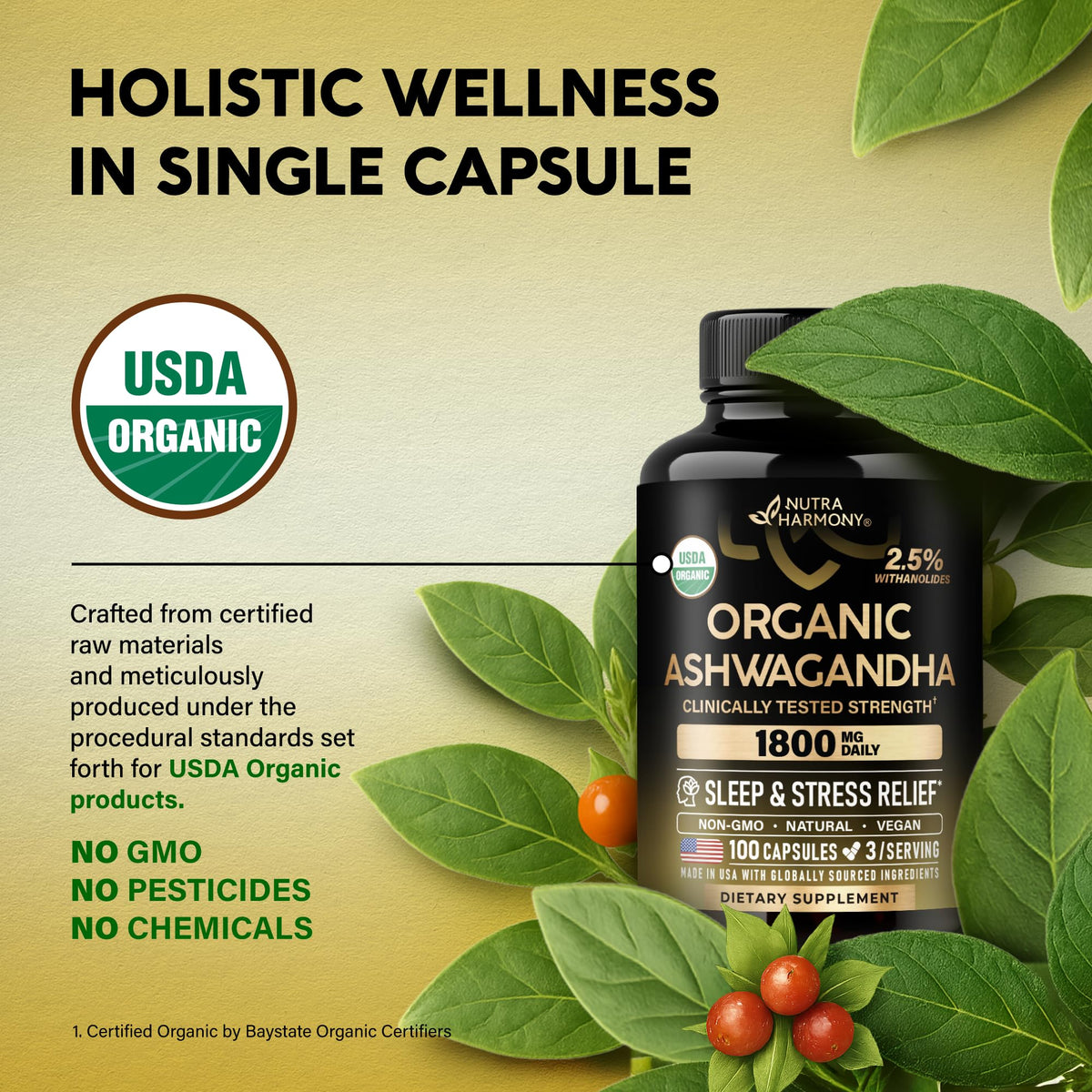 Ashwagandha Supplements 1800mg - USDA Organic Ashwagandha for Women & Men - Clinically Effective Strength for Stress Relief & Sleep - Powder & Root Extract 2.5% Withanolides - Made in USA 100 Capsules NUTRAHARMONYBuy Supplements Australia