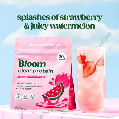 Bloom Clear Protein, Whey Protein Isolate with Collagen Peptides and Digestive Enzymes, 20g Protein, Sugar Free Post Workout Drink Mix, 90 Calories,