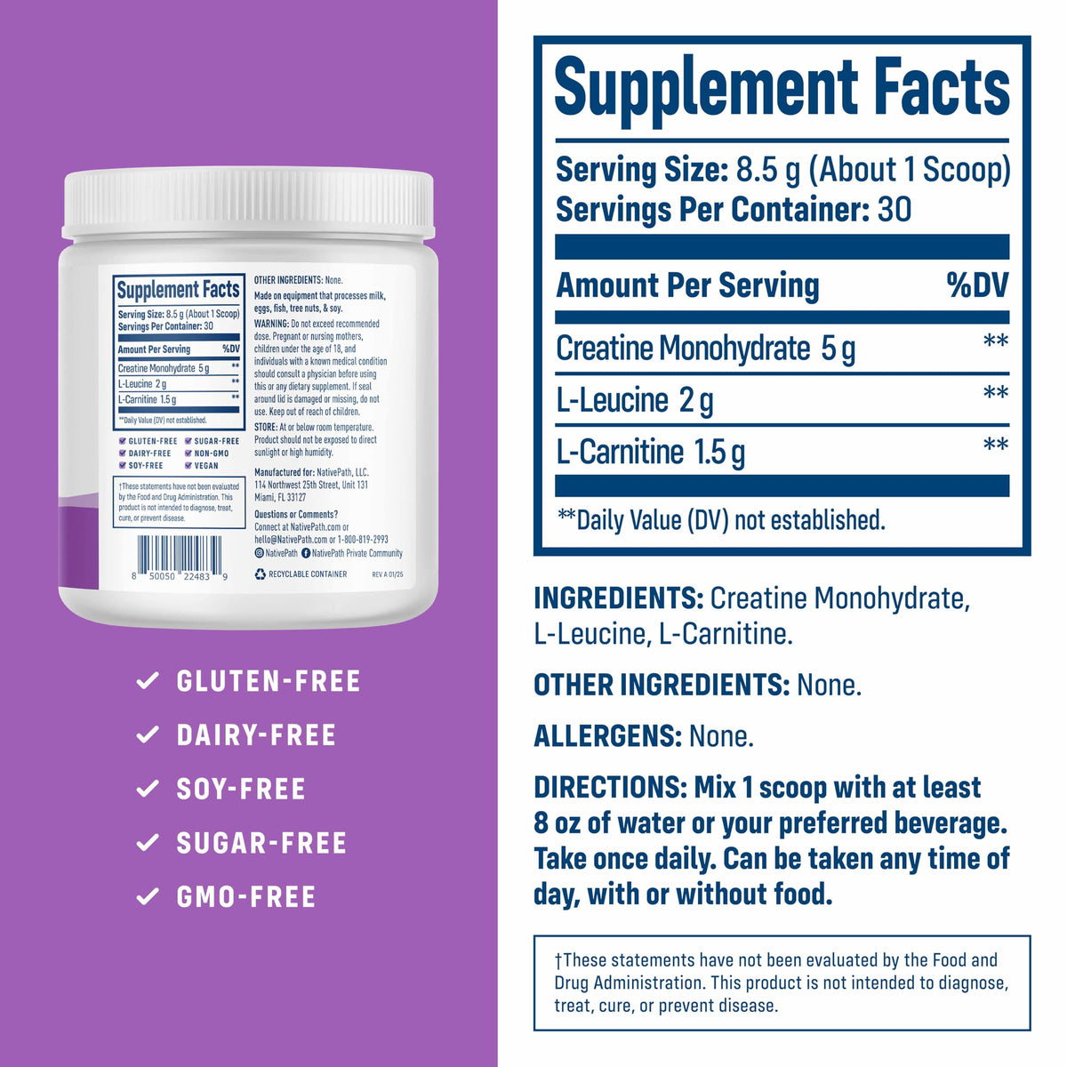 NativePath Creatine Monohydrate Powder with L-Leucine & L-Carnitine - Supports Muscle Health for Men & Women - 30 Servings