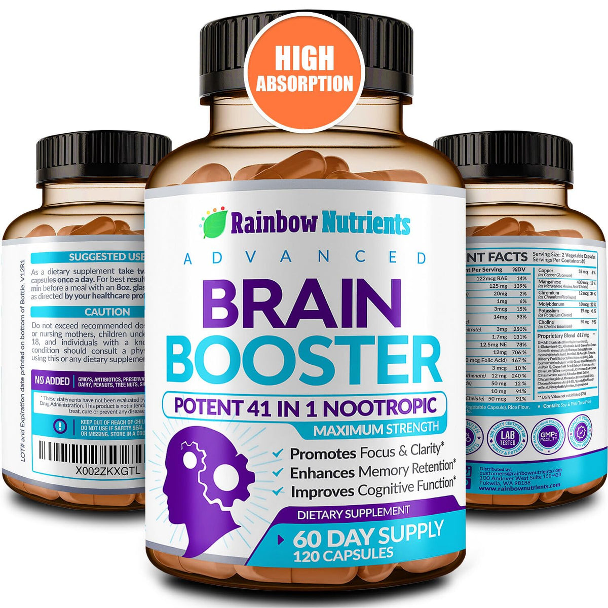 40-in-1 Brain Booster Supplements for Memory, Focus, Clarity, Energy, Performance | Natural Nootropic Brain Support Supplement with DMAE, Bacopa Monnieri & More | For Men & Women | 120 V Capsules Rainbow Nutrients, LLCBuy Supplements Australia