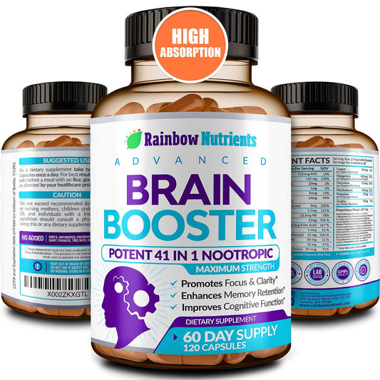 40-in-1 Brain Booster Supplements for Memory, Focus, Clarity, Energy, Performance | Natural Nootropic Brain Support Supplement with DMAE, Bacopa Monnieri & More | For Men & Women | 120 V Capsules Rainbow Nutrients, LLCBuy Supplements Australia