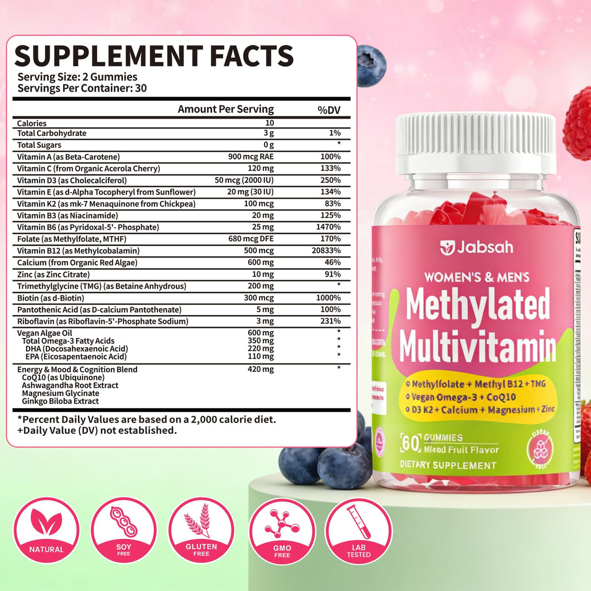 Methylated Vitamin B Complex Gummies for Women & Men, Multivitanins Gummy with Vitamin A, C ,E, Methylfolate & B12, TMG, Calcium, D3 K2 JabsahBuy Supplements Australia