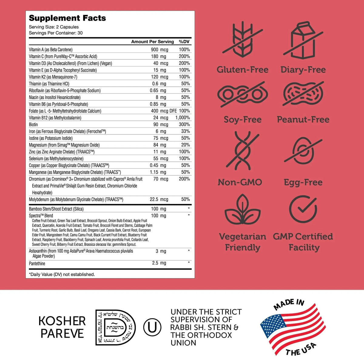 Zahler Multivitamin Beauty + Skin Hair and Nails Support, Multivitamin for Women and Men with Iron, Certified Kosher, 60 Capsules Zahler