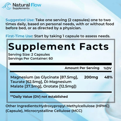 Natural Flow 4X Magnesium Supplement, Magnesium Glycinate, Taurate, Malate, Orotate Complex, Calm Sleep and Cramp Support Blend, No Mag Citrate or Oxide, 120 Capsules Natural Flow Supplements buy supplements Au