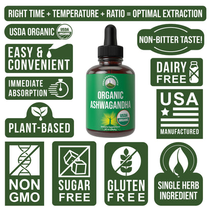 Ashwagandha Liquid Drops. USDA Organic Vegan Supplement. Extra Strength Ashwagandha Root Extract for Women, Men, Kids. with Adaptogens. Zero Sugar, Organic, Gluten Free Tincture Supplements. Peak PerformanceBuy Supplements Australia
