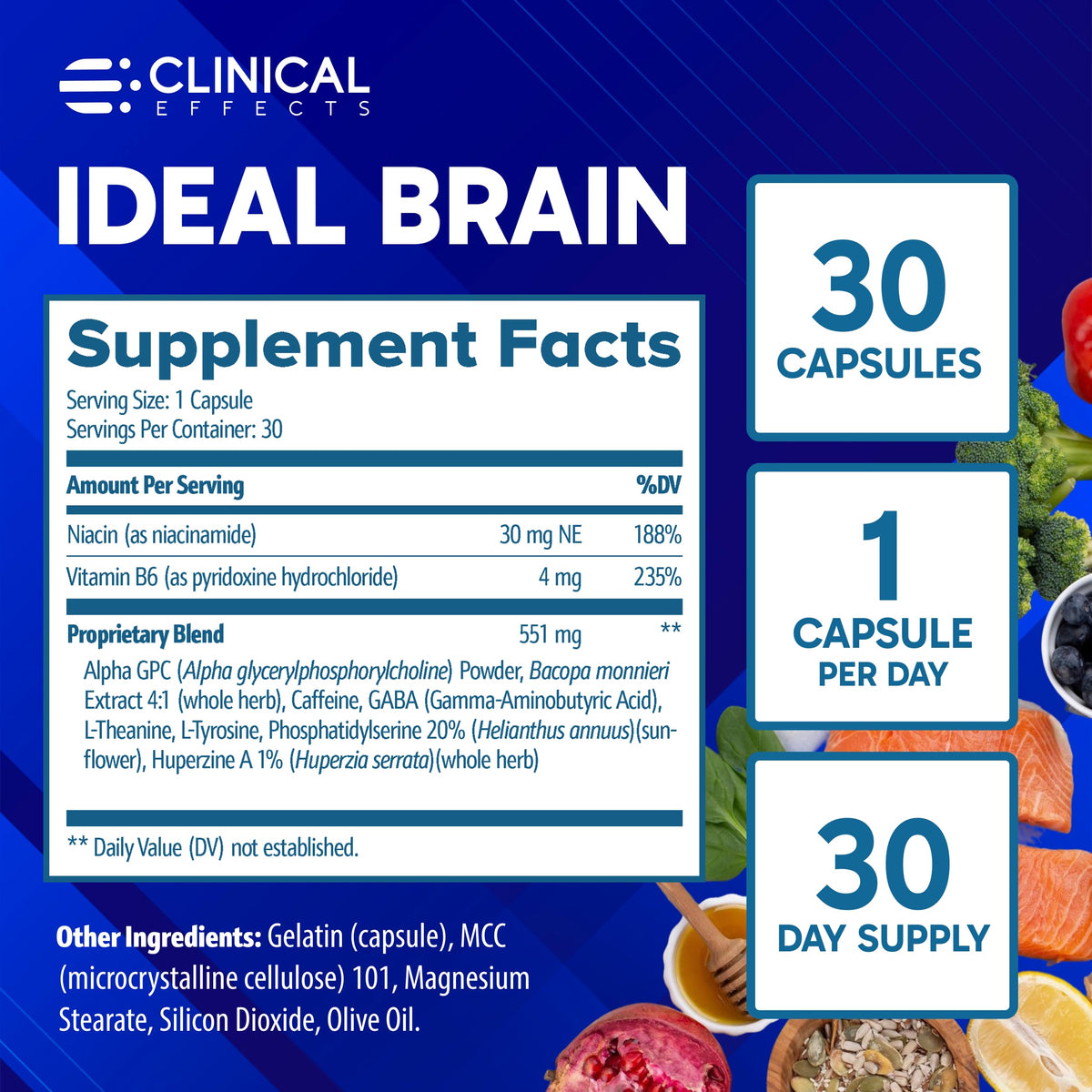 Clinical Effects Ideal Brain - Dietary Supplement for Nootropic Focus and Memory Support - 30 Capsules - B Vitamins, GABA, Alpha-GPC - Helps Support Mental Focus, and Optimal Brain Function Clinical EffectsBuy Supplements Australia