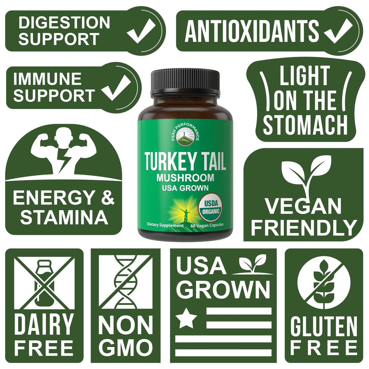 Peak Performance Organic Turkey Tail Capsules - USA Grown Made with Real Turkey Tail Mushroom. Immune System Support Naturally Harvested Mushroom Supplements for Immunity. Vegan Supplement Extract Peak PerformanceBuy Supplements Australia