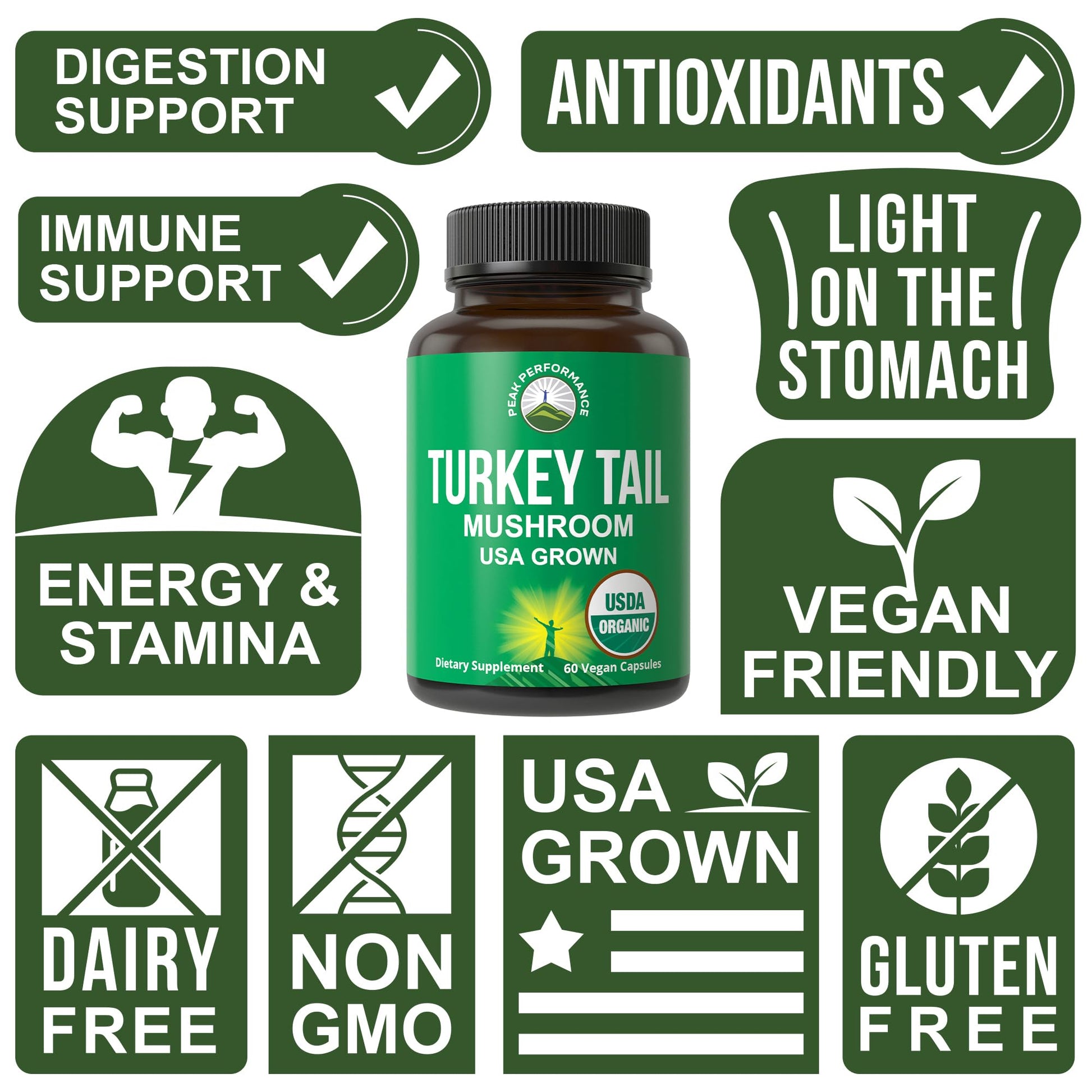 Peak Performance Organic Turkey Tail Capsules - USA Grown Made with Real Turkey Tail Mushroom. Immune System Support Naturally Harvested Mushroom Supplements for Immunity. Vegan Supplement Extract Peak PerformanceBuy Supplements Australia