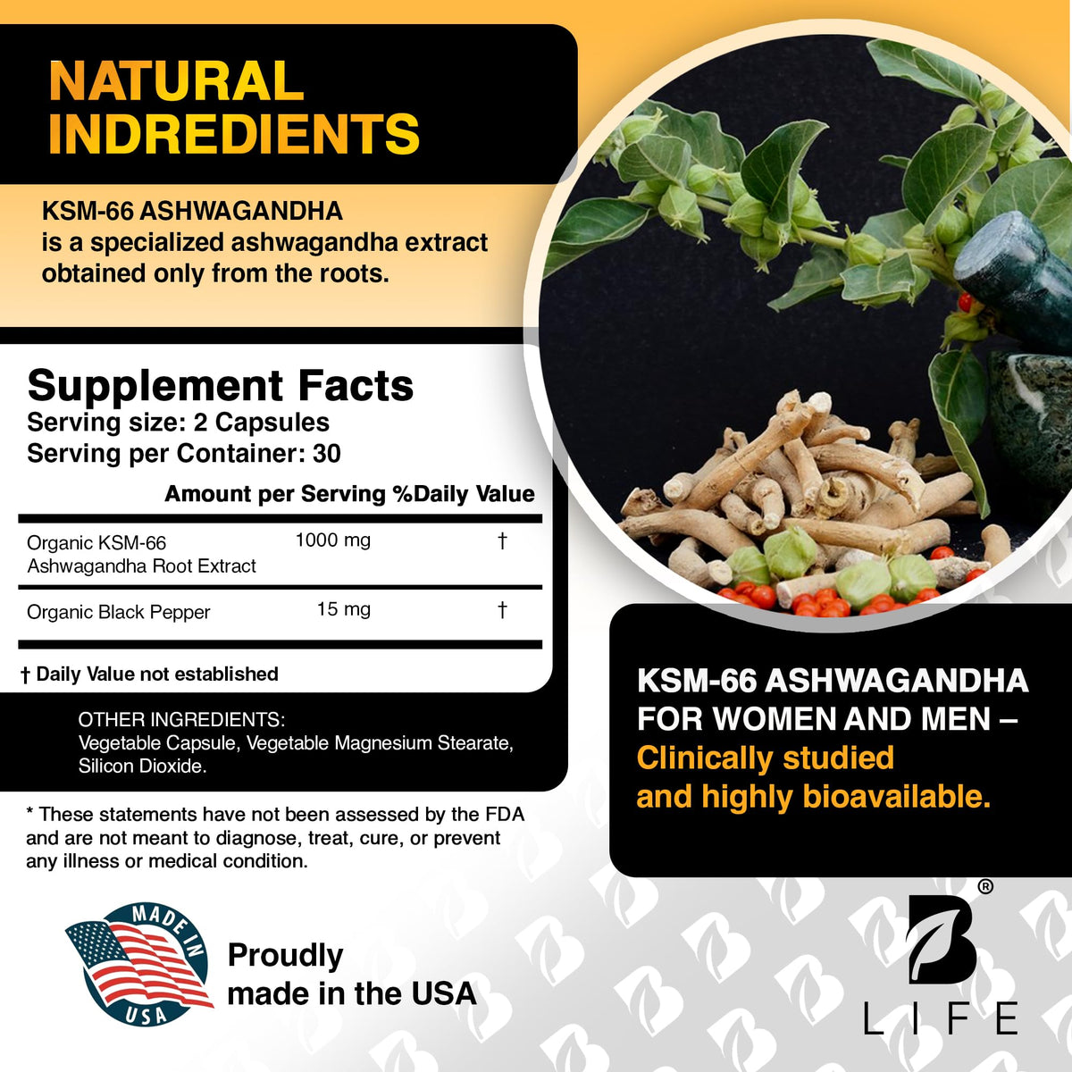 Organic Ashwagandha KSM-66 1000 mg Supplement | Adaptogen for Cortisol Support & Stress Relief | Mood, Calm & Sleep Aid for Men & Women | Ashwagandha ritual vitamins for women | 60 Vegan Caps B Life CompanyBuy Supplements Australia