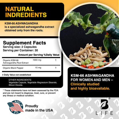 Organic Ashwagandha KSM-66 1000 mg Supplement | Adaptogen for Cortisol Support & Stress Relief | Mood, Calm & Sleep Aid for Men & Women | Ashwagandha ritual vitamins for women | 60 Vegan Caps B Life CompanyBuy Supplements Australia