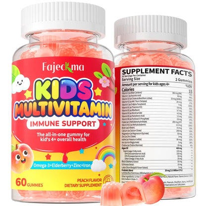 Fajeckma Organic Kids Multivitamin Gummies: Sugar Free Multi Vitamin Gummy with Vitamins D3 Iron Omega Probiotic Elderberry Calcium Zinc Dha Fajeckma