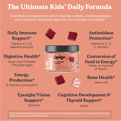 Chewsy Kids’ Multivitamin, Delicious Candy-Style Daily Vitamin Chews + Probiotics + Superfoods, Wild Berry Flavor Chewable Fruity Supplement Chews CHEWSY