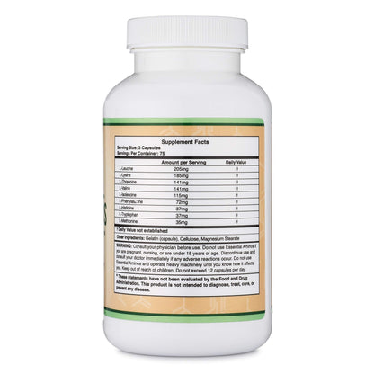 Essential Amino Acids - 1 Gram Per Serving Powder Blend of All 9 Essential Aminos (EAA) and All Branched-Chain Aminos (BCAAs) (Leucine, Isoleucine, Valine) 225 Capsules