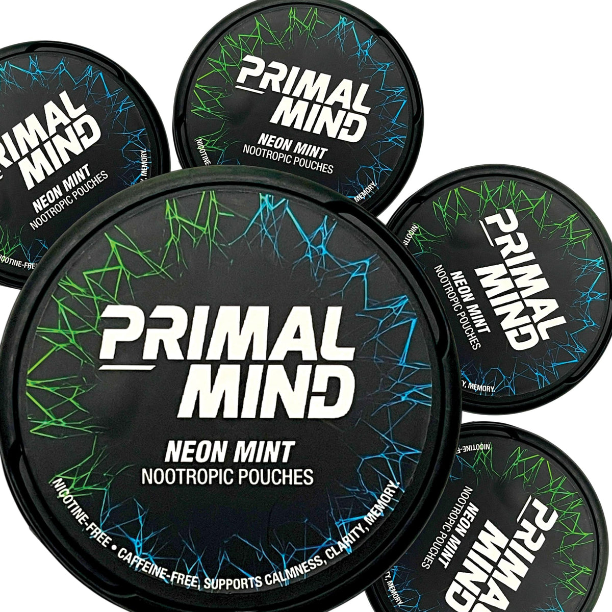 Nootropic Pouches - Primal Mind Caffeine Free Nootropics Pouches Made with Ginkgo Biloba & L-Theanine - Nicotine Free Brain Boost, No Sugar, Cognitive Support – 20 Pouches Per Can, 5 Pack (Neon Mint) Primal PreludeBuy Supplements Australia