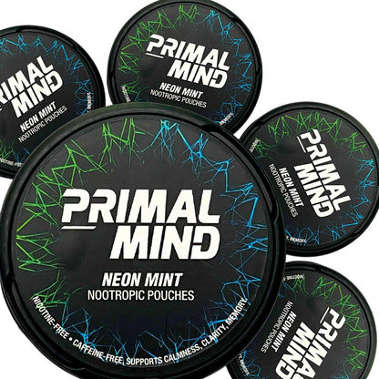 Nootropic Pouches - Primal Mind Caffeine Free Nootropics Pouches Made with Ginkgo Biloba & L-Theanine - Nicotine Free Brain Boost, No Sugar, Cognitive Support – 20 Pouches Per Can, 5 Pack (Neon Mint) Primal PreludeBuy Supplements Australia