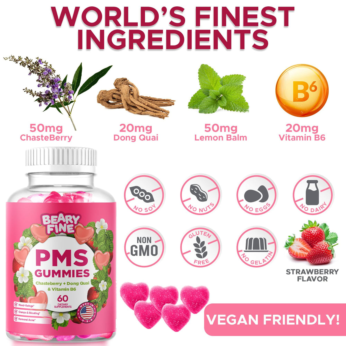 Beary Fine PMS Gummies - PMS Vitamins for Women & Teens - PMS Period Relief - Cramping, Bloating, Mood Swings - Made in The USA (Strawberry, 60 Count) Beary FineBuy Supplements Australia