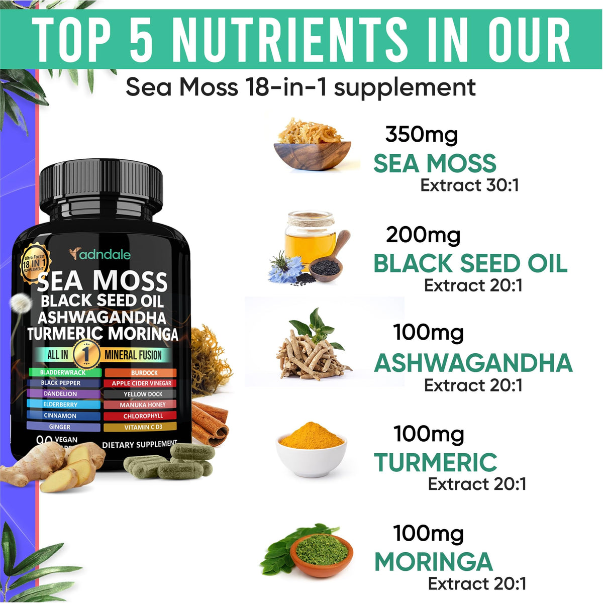 Adndale Sea Moss Capsules - Sea Moss Blend with Ashwagandha, Turmeric- 90 Count