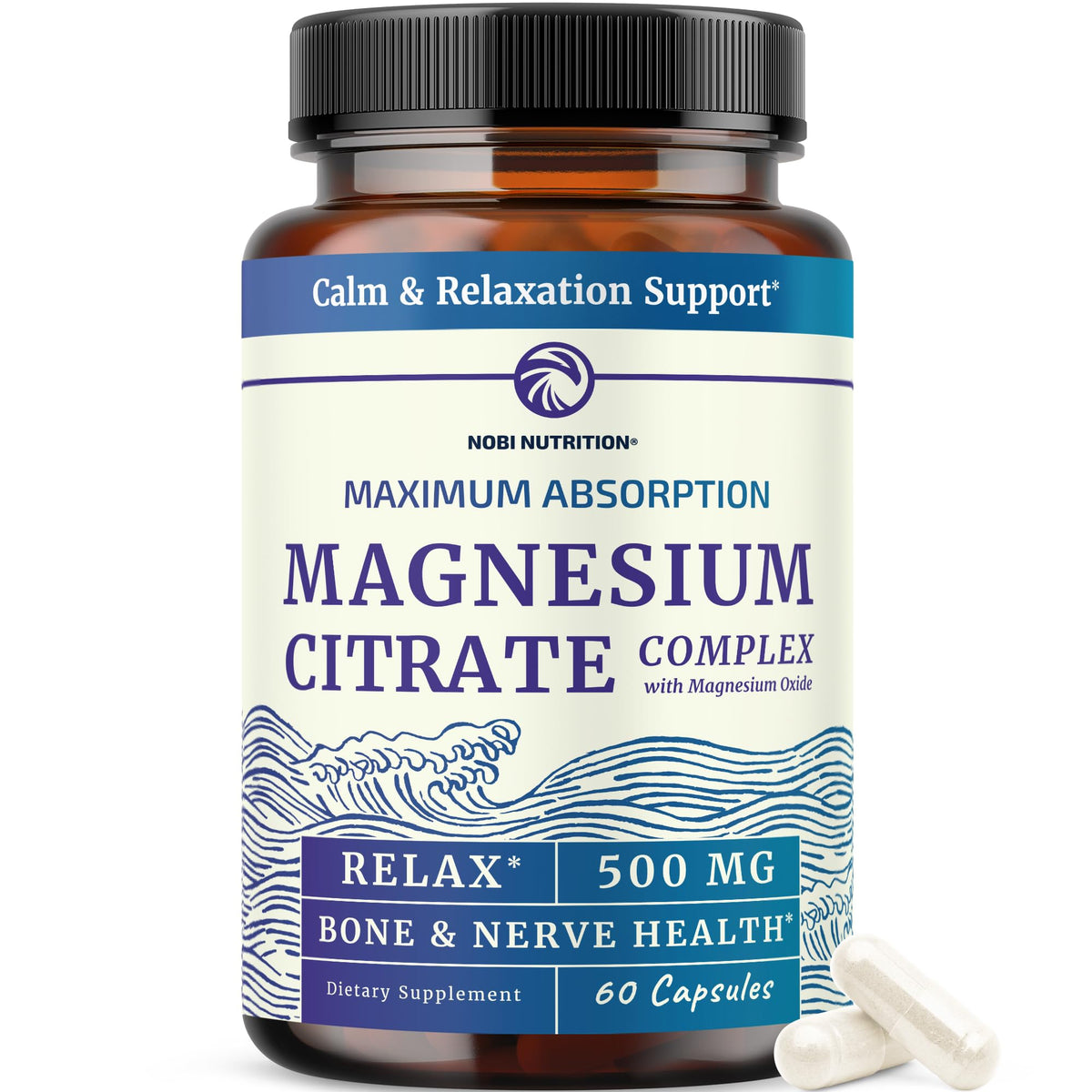 Magnesium Citrate Complex 500 MG for Calm & Relaxation | High Absorption Magnesium Supplement | Citrato de Magnesio | Constipation & Digestion Support Non-GMO Soy-Free | 60 Mag Citrate Capsules Nobi NutritionBuy Supplements Australia