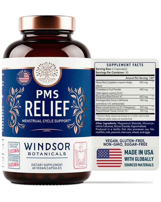 PMS Support Supplement for Women with Chasteberry, Maca Root, Ashwagandha - Period Relief, Bloating Relief for Women, Mood Support, Hormone Balance Herbal Supplements - 30 Day, 60 Vegan Capsules WINDSOR BOTANICALSBuy Supplements Australia