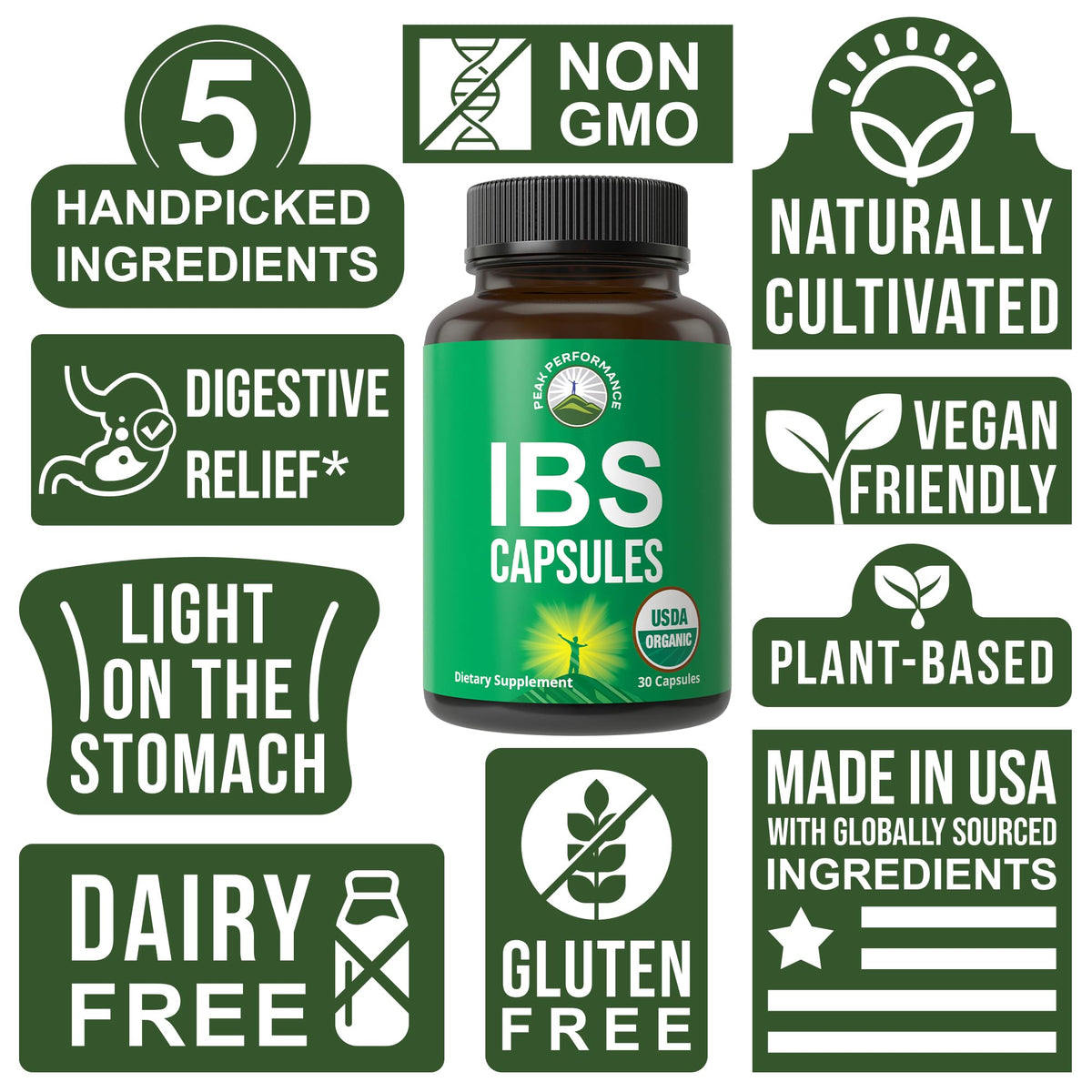 USDA Organic IBS Capsules for Relief, Ingestion, Bloating, Gas. Irritable Bowel Supplement with 5 Handpicked Organic Ingredients. Peppermint Oil, Sea Buckthorn, Fennel Seed, Rosemary Leaf, Basil Leaf Peak PerformanceBuy Supplements Australia