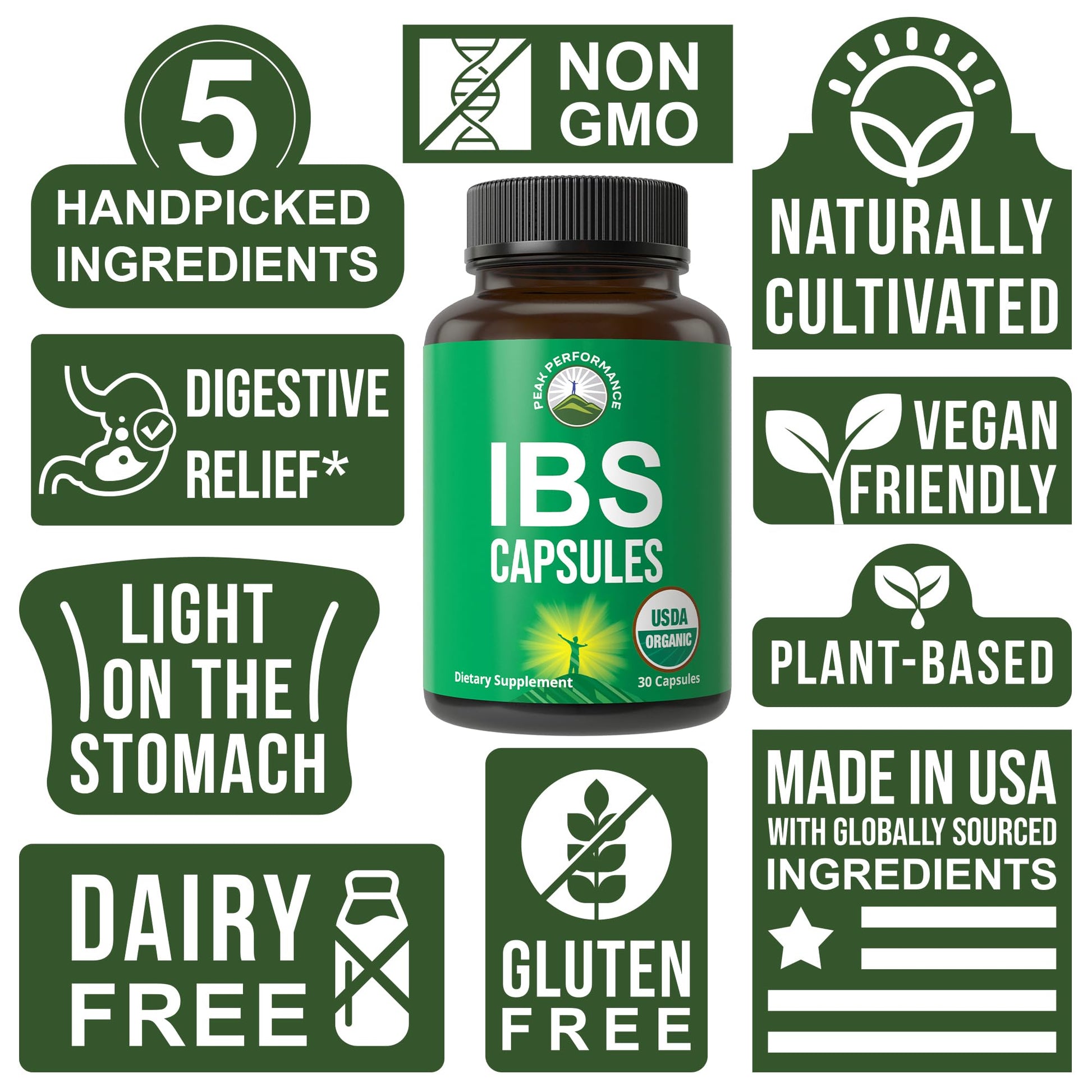 USDA Organic IBS Capsules for Relief, Ingestion, Bloating, Gas. Irritable Bowel Supplement with 5 Handpicked Organic Ingredients. Peppermint Oil, Sea Buckthorn, Fennel Seed, Rosemary Leaf, Basil Leaf Peak PerformanceBuy Supplements Australia