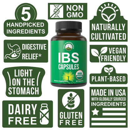 USDA Organic IBS Capsules for Relief, Ingestion, Bloating, Gas. Irritable Bowel Supplement with 5 Handpicked Organic Ingredients. Peppermint Oil, Sea Buckthorn, Fennel Seed, Rosemary Leaf, Basil Leaf Peak PerformanceBuy Supplements Australia