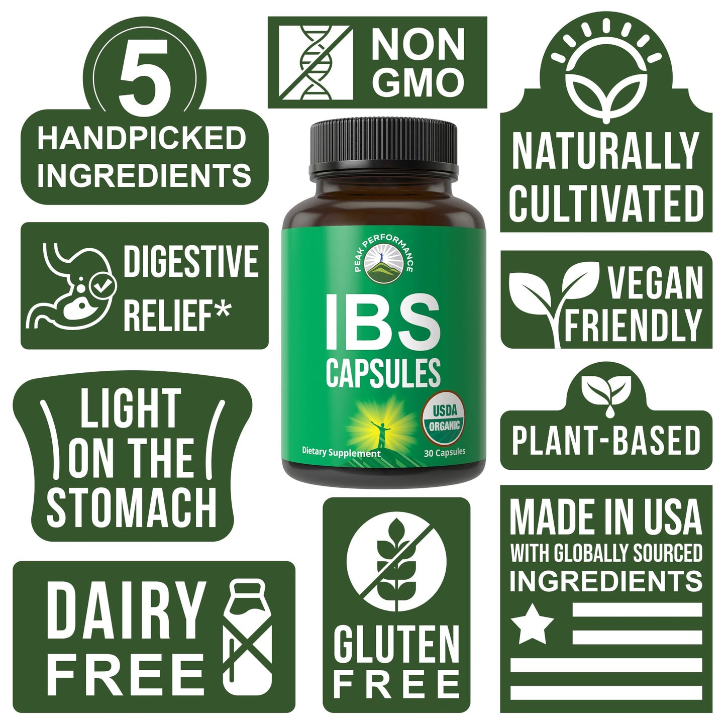 USDA Organic IBS Capsules for Relief, Ingestion, Bloating, Gas. Irritable Bowel Supplement with 5 Handpicked Organic Ingredients. Peppermint Oil, Sea Buckthorn, Fennel Seed, Rosemary Leaf, Basil Leaf Peak PerformanceBuy Supplements Australia