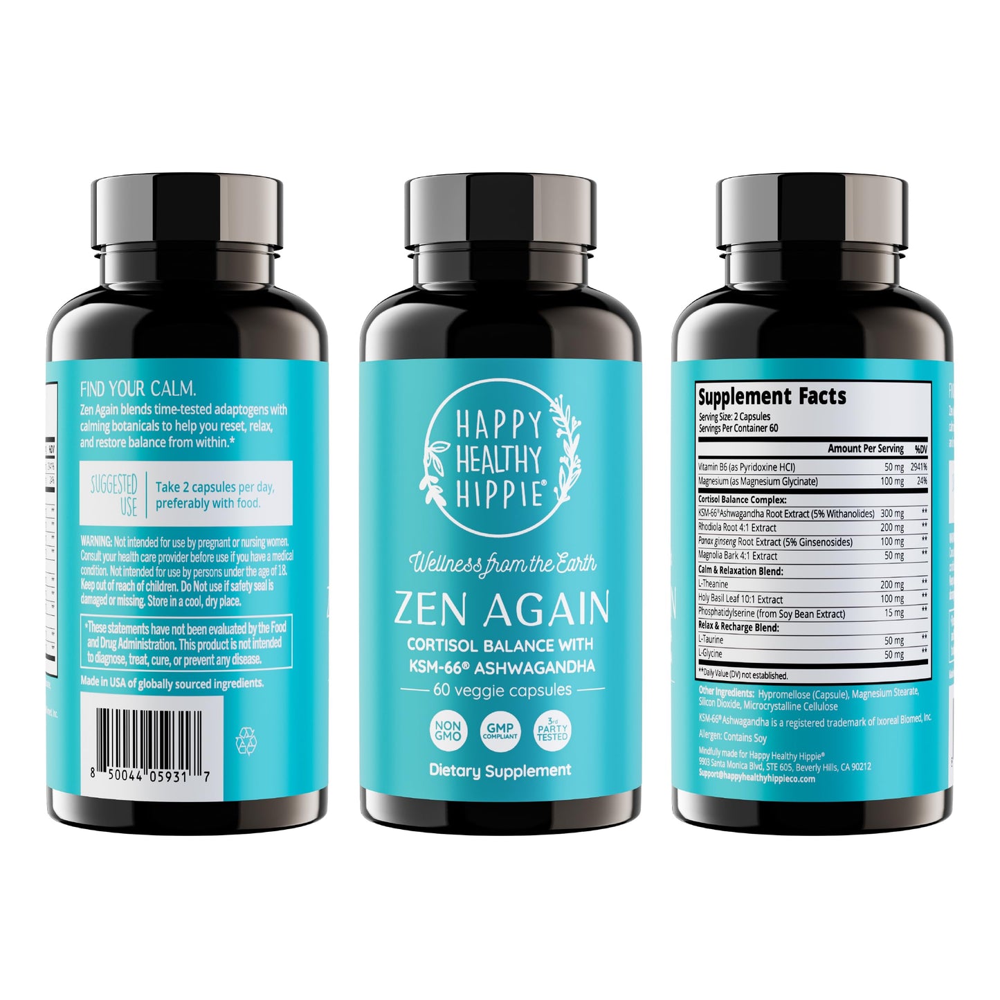 Zen Again Cortisol Manager with Ashwagandha KSM-66® | Cortisol Supplements for Women | 11-in-1 Complex | Natural Stress Support Supplement with L-Theanine, Rhodiola & Magnesium | Vegan, 60 Ct Happy Healthy HippieBuy Supplements Australia