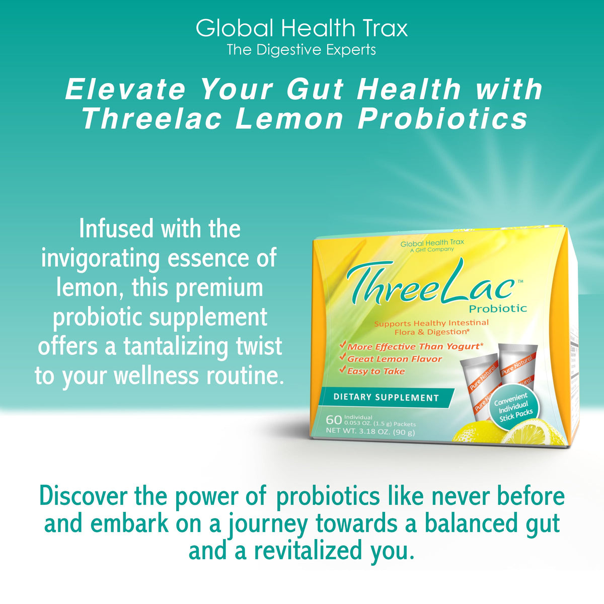 Global Health Trax GHT - ThreeLac Lemon Probiotic Drink Mix for Digestive Health - Advanced Probiotic Powder Formula for Men, Women & Kids - Immune Support & Gut Balance, Non-GMO - 60 Packets ght Global Health TraxBuy Supplements Australia