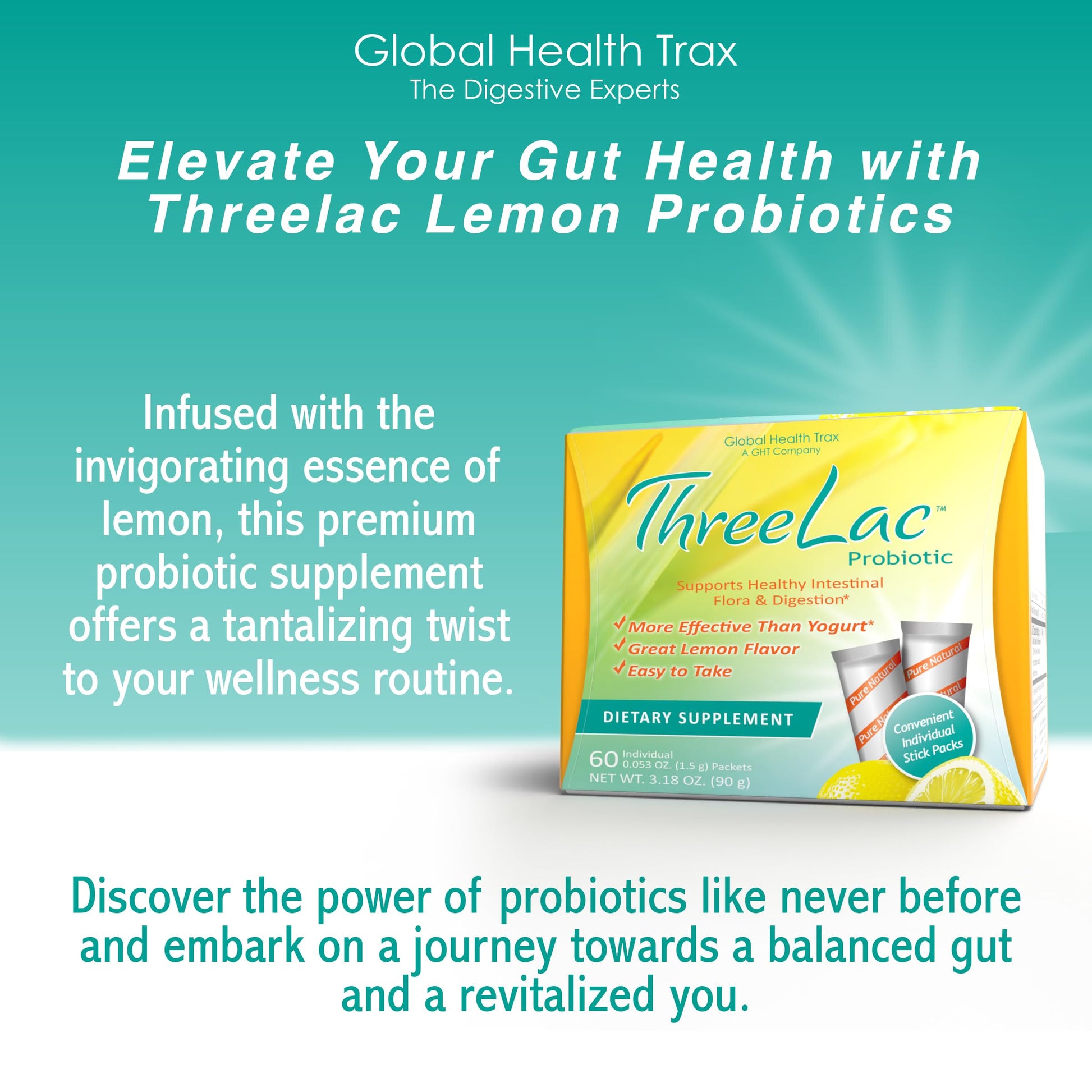 Global Health Trax GHT - ThreeLac Lemon Probiotic Drink Mix for Digestive Health - Advanced Probiotic Powder Formula for Men, Women & Kids - Immune Support & Gut Balance, Non-GMO - 60 Packets ght Global Health TraxBuy Supplements Australia