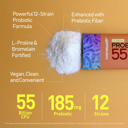 NANOWELL 12 Strains Probiotic 55 Billion CFU with Digestive Enzymes Powder - Immune Support, Gut Health, Probiotics, Prebiotics & Postbiotics - 60 Sticks, 60 Day Supply NANOWELLBuy Supplements Australia