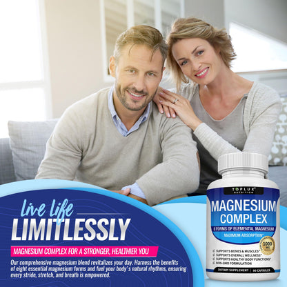 Magnesium Complex Supplement 8 Elemental 1000mg - Magnesium Glycinate, Citrate, Malate, Taurate, Chelated for Easy Absorption for Bones, Muscle, Recovery, Energy, Vegan Non-GMO 90 Capsules Toplux buy supplements Au