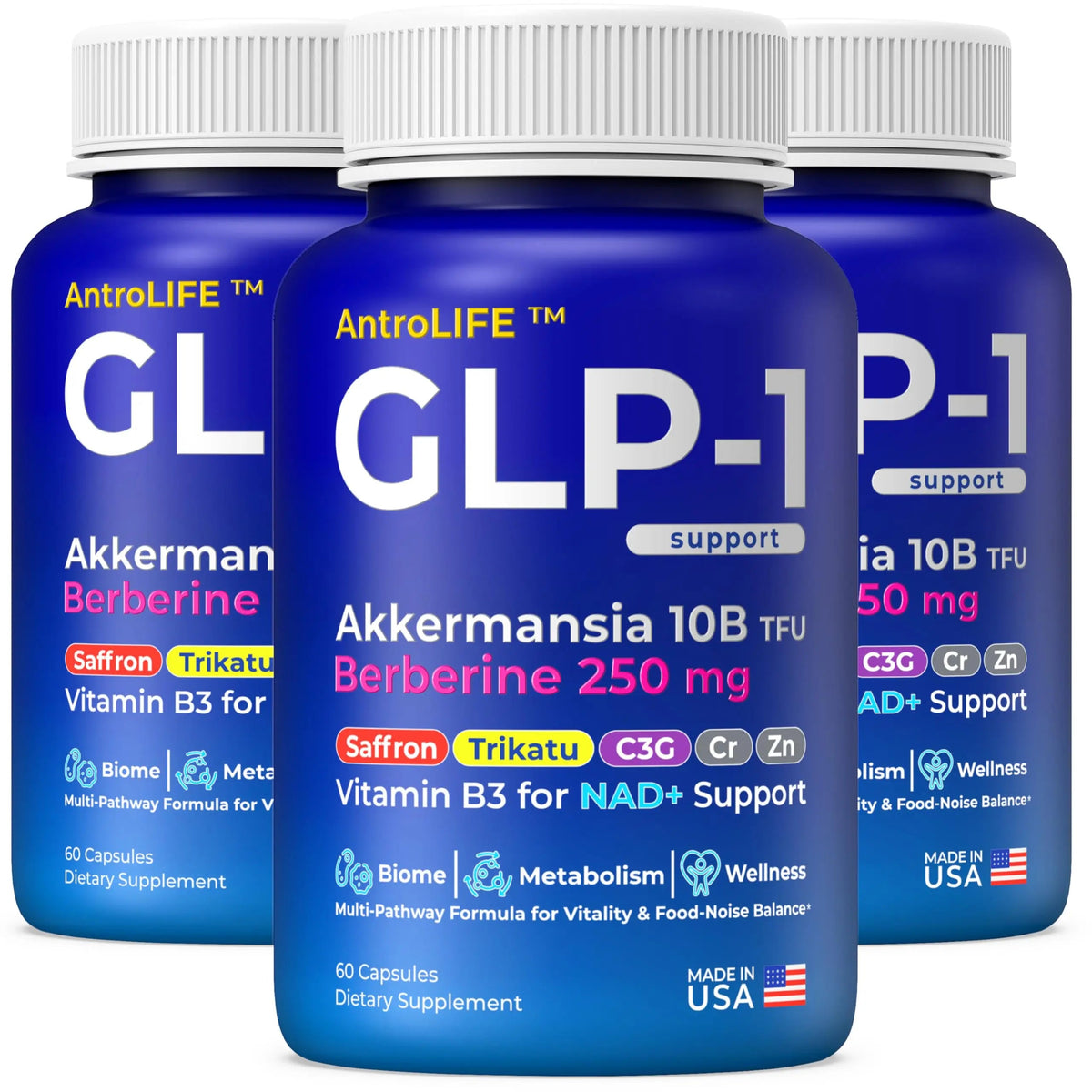 GLP-1 Support – Akkermansia Postbiotic 10B TFU + Berberine HCl 250 mg | 18-Ingredient System | Appetite, Mood & Metabolic Support | Inulin-Free | Saffron, NAD+ Cofactors | 3 Pack | 90-Day Supply ANTROLIFEBuy Supplements Australia